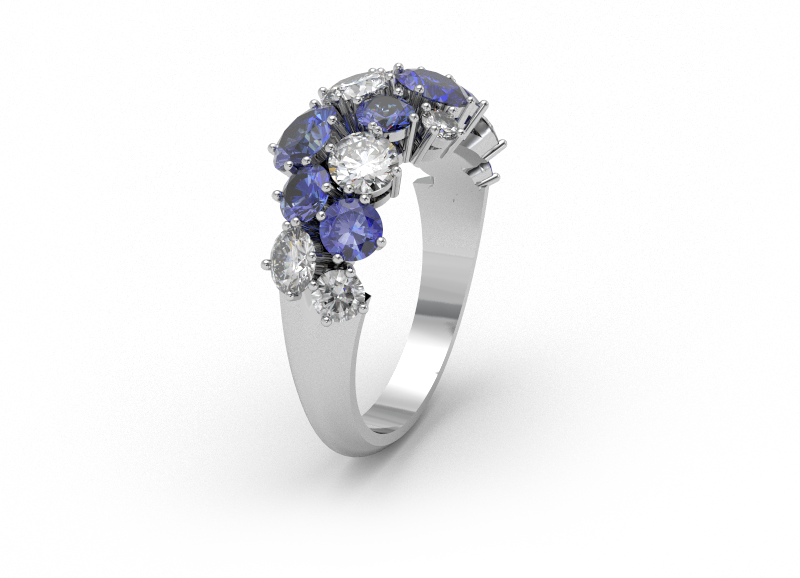 vizualizace prstenu se safíry a diamanty