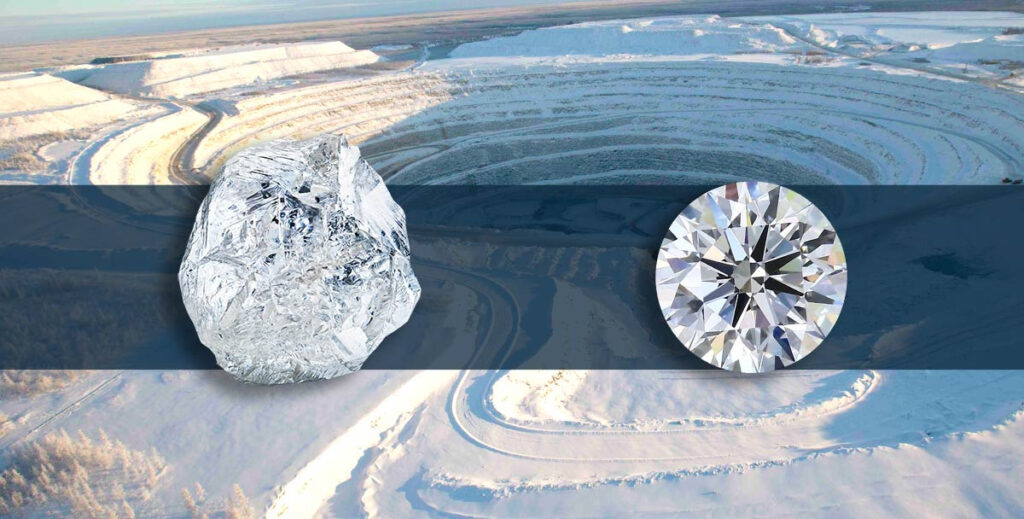 Surový diamant Alrosa a briliantový brus