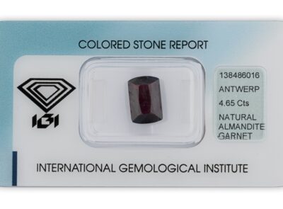 almandin 4.65ct deep purplish red s IGI certifikátem