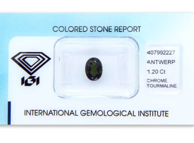 chrom turmalín 1.20ct dark yellowish green s IGI certifikátem