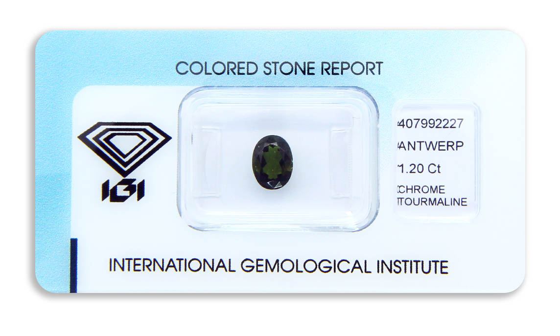 chrom turmalín 1.20ct dark yellowish green s IGI certifikátem
