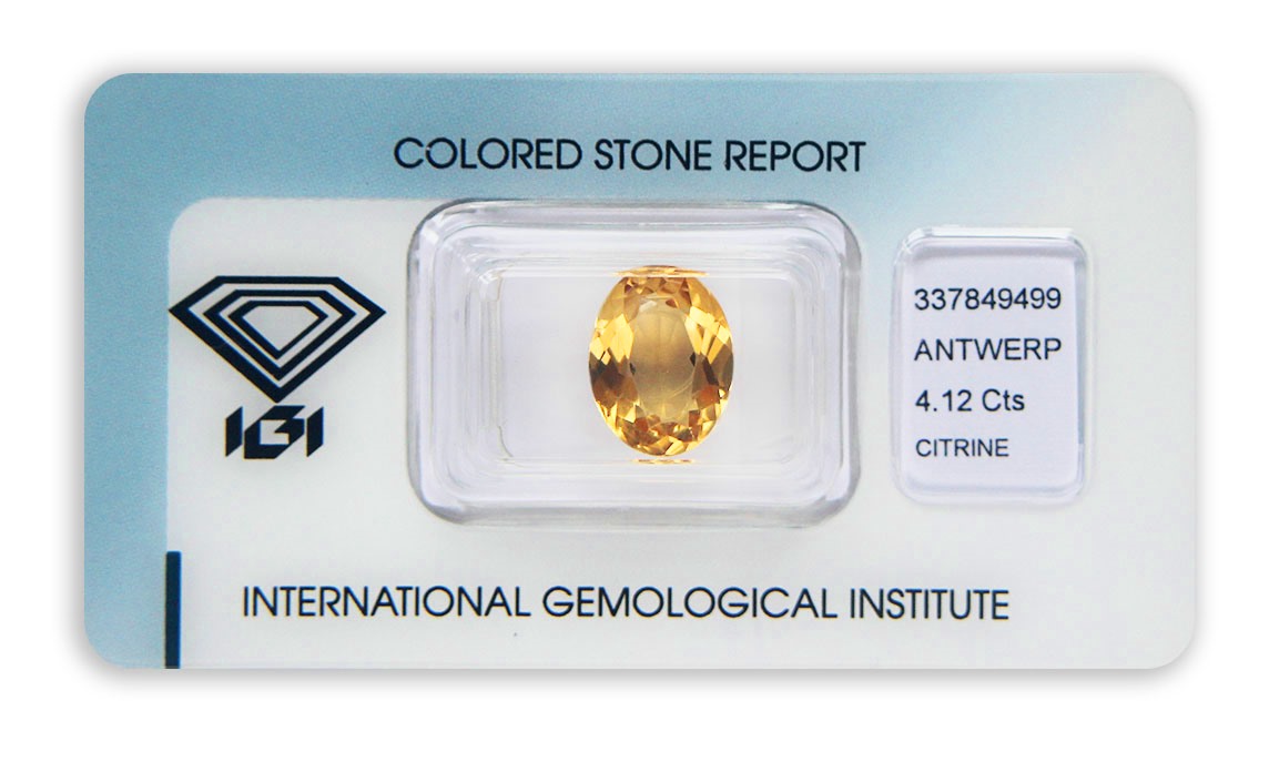 citrín 4.12ct orangy yellow s IGI certifikátem