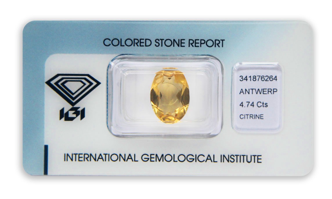 citrín 4.74ct orangy yellow s IGI certifikátem