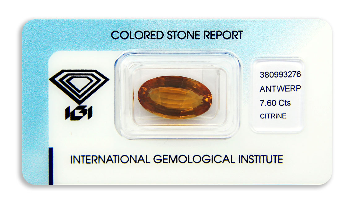 citrín 7.60ct yellowish orange s IGI certifikátem