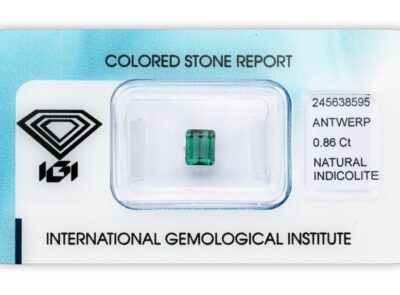 indigolit 0.86ct greenish blue s IGI certifikátem