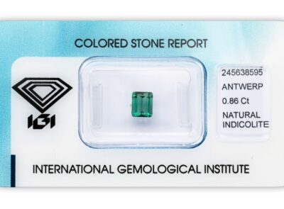 indigolit 0.86ct greenish blue s IGI certifikátem