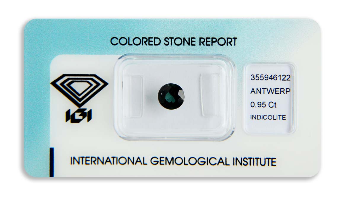indigolit 0.95ct deep greenish blue s IGI certifikátem