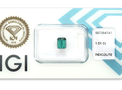 indigolit 1.01ct greenish blue s IGI certifikátem