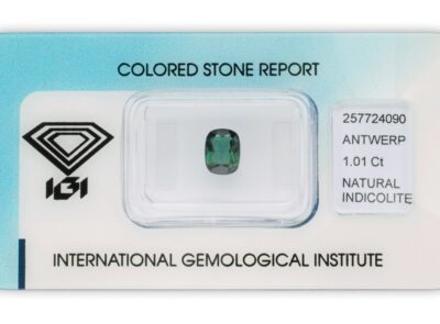 indigolit 1.01ct greenish blue s IGI certifikátem