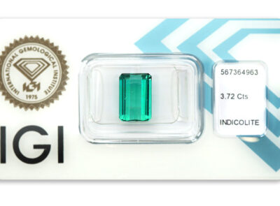 indigolit 3.72ct greenish blue s IGI certifikátem