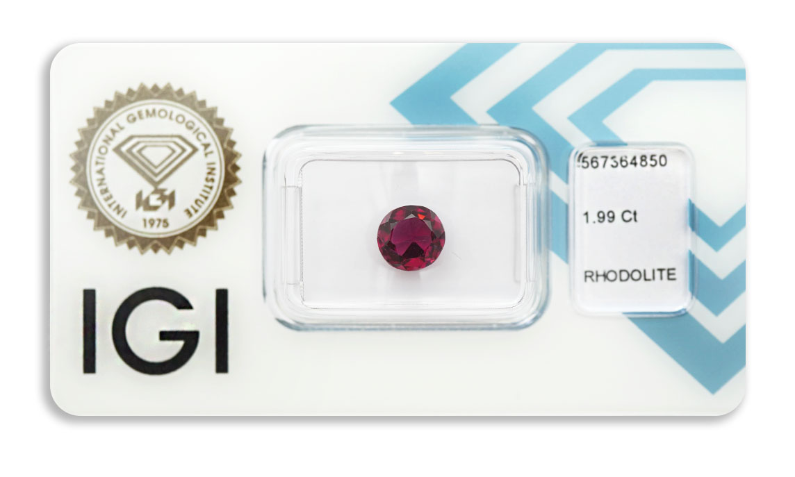 rhodolit 1.99ct deep purplish pink s IGI certifikátem