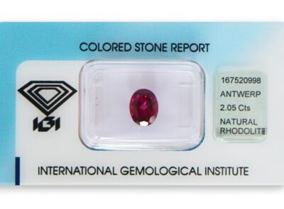 rhodolit 2.05ct purplish red s IGI certifikátem