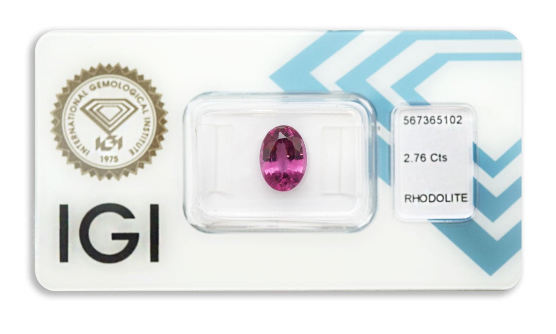 rhodolit 2.76ct deep purplish pink s IGI certifikátem