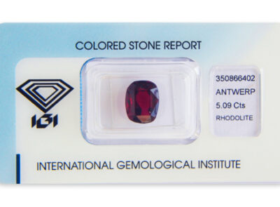 rhodolit 5.09ct deep purplish red s IGI certifikátem