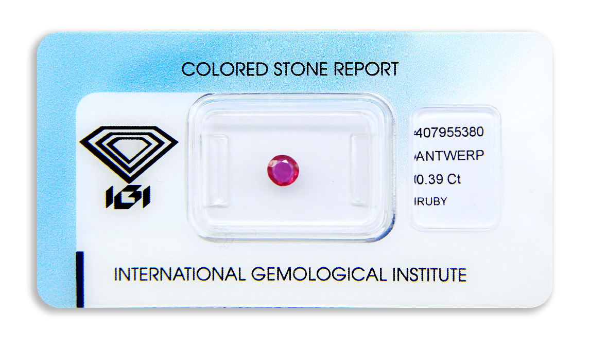 rubín 0.39ct deep purplish pink-red (tepelně neupraven) s IGI certifikátem