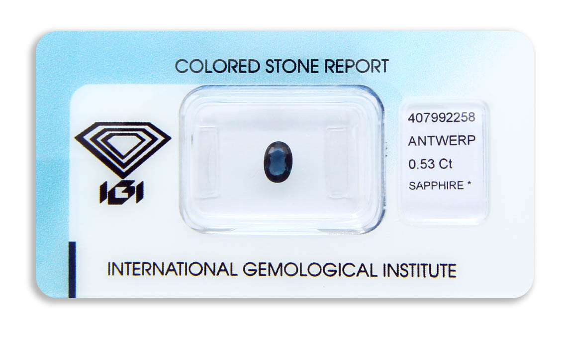 safír 0.53ct deep blue s IGI certifikátem