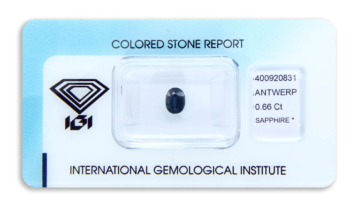 safír 0.66ct greenish blue s IGI certifikátem