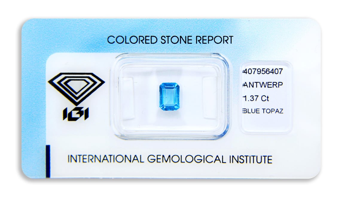topaz 1.37ct blue s IGI certifikátem