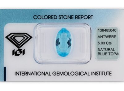 topaz 5.03ct blue s IGI certifikátem