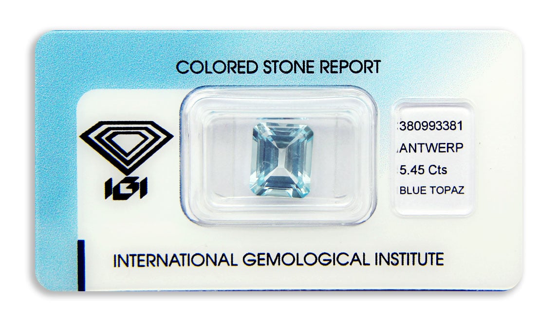 topaz 5.45ct blue s IGI certifikátem