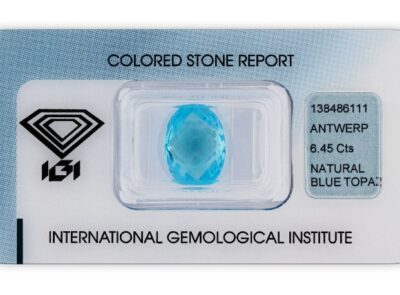 topaz 6.45ct blue s IGI certifikátem