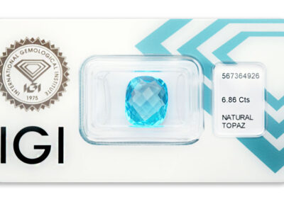 topaz 6.86ct deep blue s IGI certifikátem