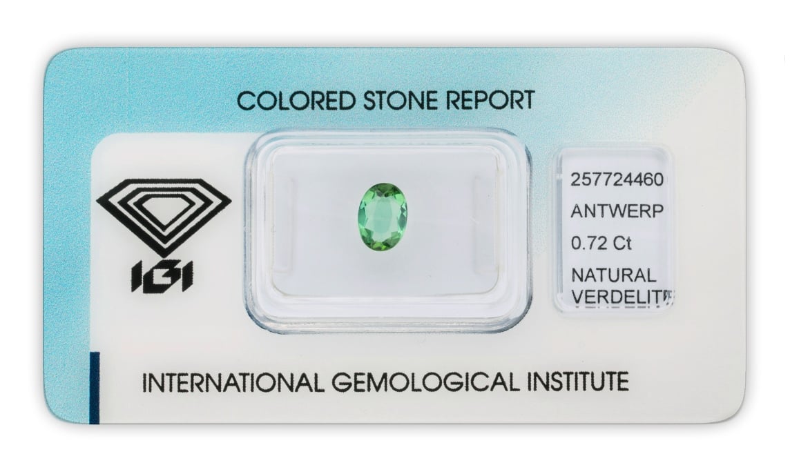 verdelit 0.72ct green/bluish green s IGI certifikátem