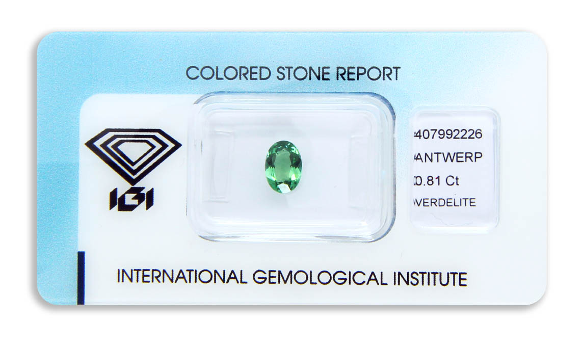 verdelit 0.81ct yellowish green s IGI certifikátem