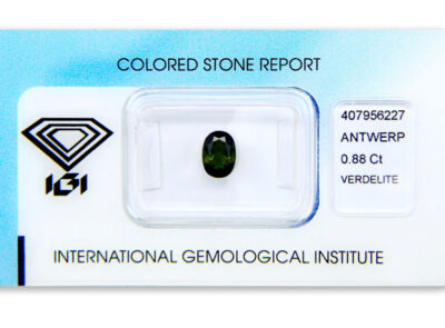 verdelit 0.88ct yellowish brownish green s IGI certifikátem