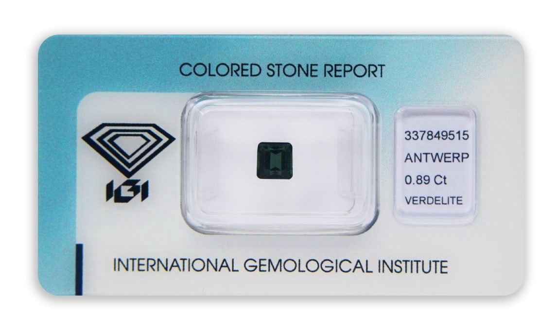 verdelit 0.89ct yellowish green s IGI certifikátem