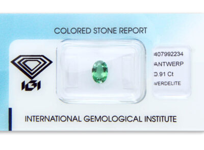 verdelit 0.91ct yellowish bluish green s IGI certifikátem