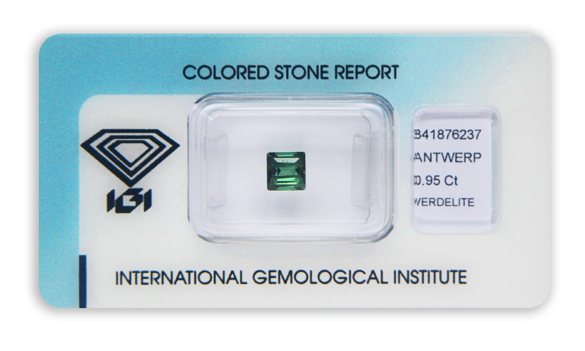 verdelit 0.95ct yellowish green s IGI certifikátem