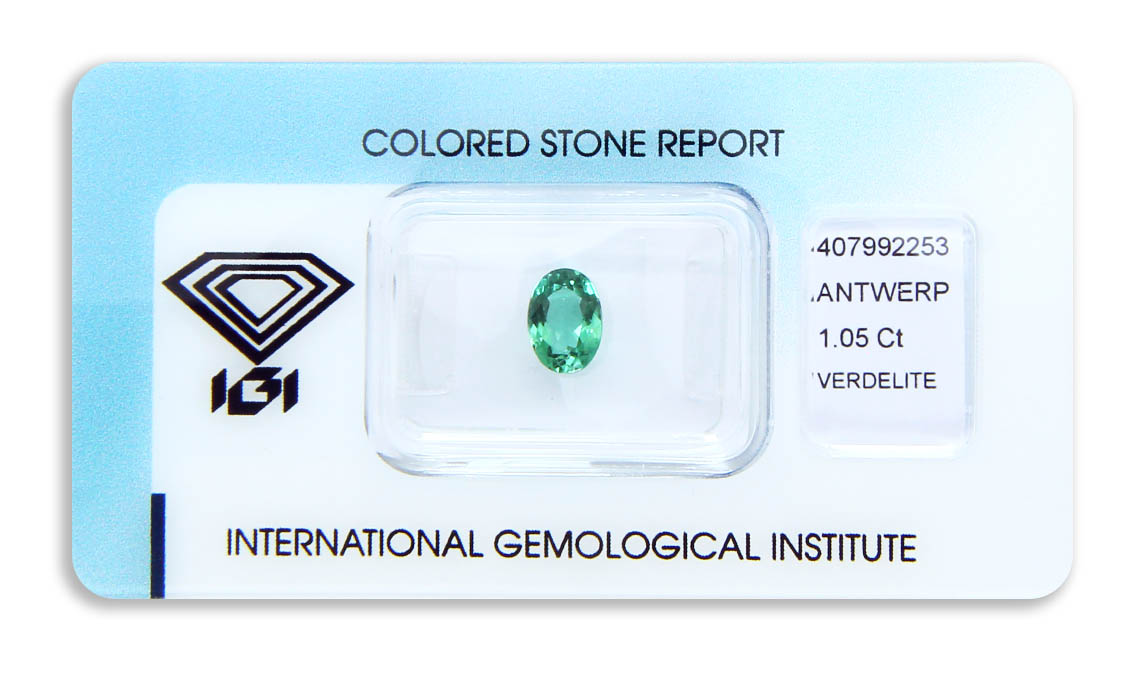 verdelit 1.05ct yellowish bluish green s IGI certifikátem