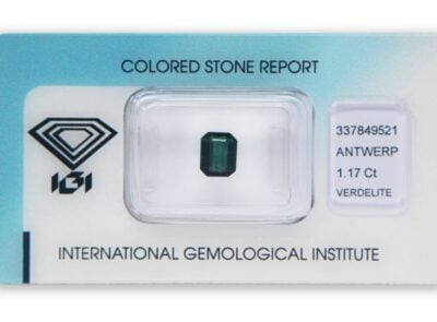 verdelit 1.17ct bluish green s IGI certifikátem