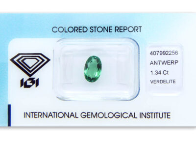 verdelit 1.34ct yellowish bluish green s IGI certifikátem