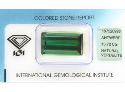 verdelit 13.72ct bluish green s IGI certifikátem