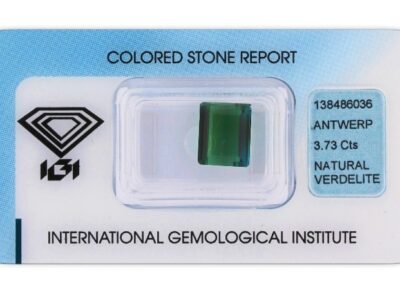 verdelit 3.73ct bluish green s IGI certifikátem