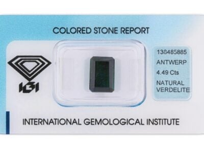 verdelit 4.49ct deep green s IGI certifikátem