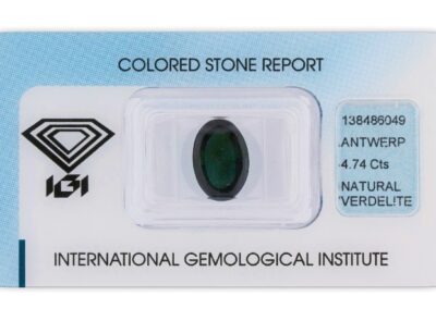 verdelit 4.74ct dark bluish green s IGI certifikátem