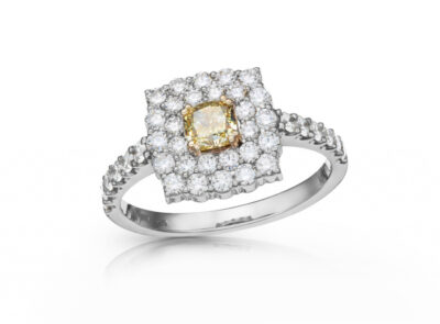 zlatý prsten se žlutým diamantem 0.50ct Fancy Intense Yellow/VS1 s GIA certifikátem (celkem 1.34ct)