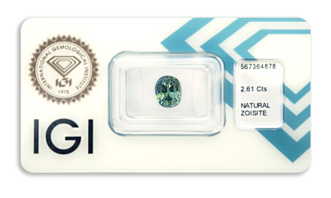 zoisit 2.61ct bluish green s IGI certifikátem