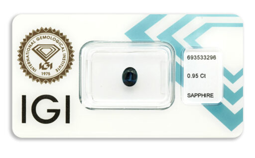 safír 0.95ct deep greenish blue (tepelně neupraven) s IGI certifikátem