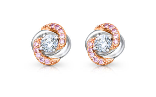zlaté diamantové náušnice 0.68ct D/VVS2 s GIA certifikáty a růžovými diamanty Argyle 0.20ct