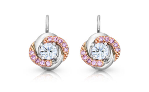 zlaté diamantové náušnice 0.68ct D/VVS2 s GIA certifikáty a růžovými diamanty Argyle 0.21ct