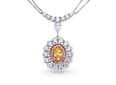 zlatý náhrdelník s diamantem 1.02ct Fancy Vivid Yellow/(SI2) s GIA certifikátem a růžovými diamanty ARG 0.18ct