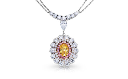 zlatý náhrdelník s diamantem 1.02ct Fancy Vivid Yellow/(SI2) s GIA certifikátem a růžovými diamanty Argyle 0.18ct