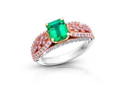 zlatý prsten se smaragdem 1.05ct green s MUZO certifikátem a růžovými diamanty ARG 0.24ct