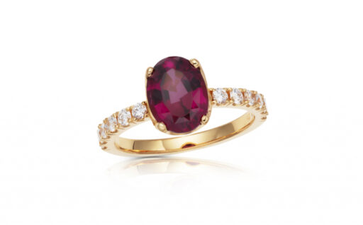 zlatý prsten s rhodolitem 2.64ct deep reddish purplish pink s IGI certifikátem