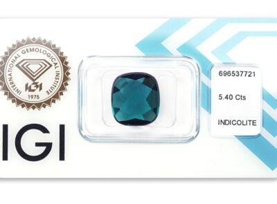 indigolit 5.40ct deep greenish blue s IGI certifikátem