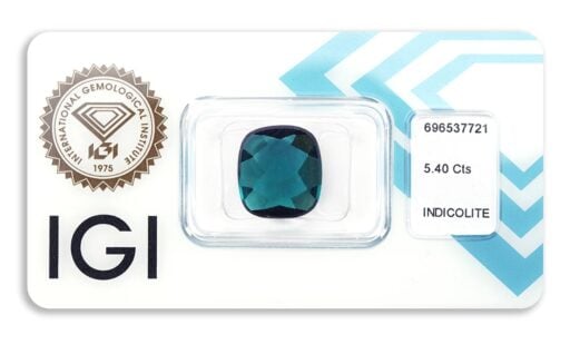 indigolit 5.40ct deep greenish blue s IGI certifikátem
